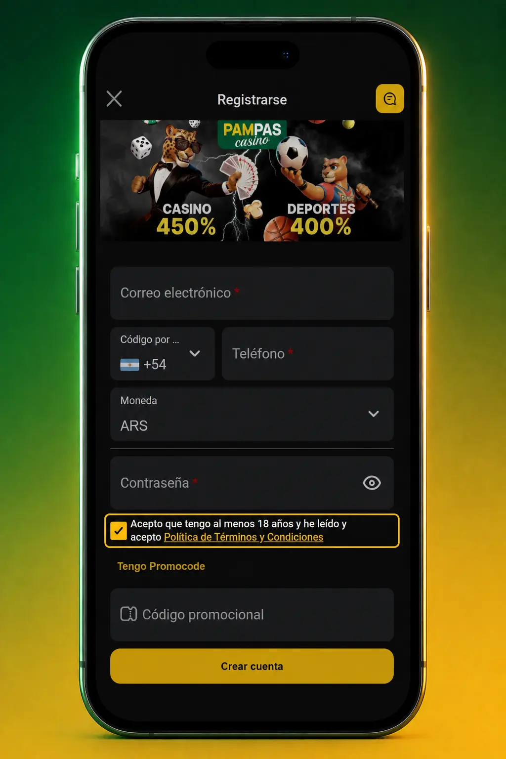 Pasos para crear una cuenta en Pampas Bet: registro rápido con datos personales y verificación por SMS o correo.