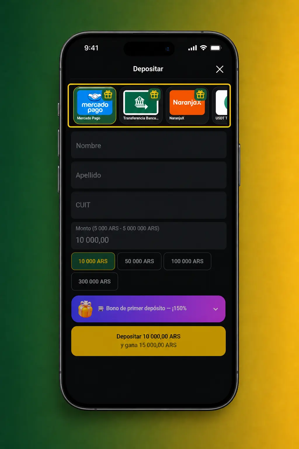 Pasos para depositar en Pampas Bet desde Argentina usando Mercado Pago, transferencia bancaria, NaranjaX o USDT TRC-20.