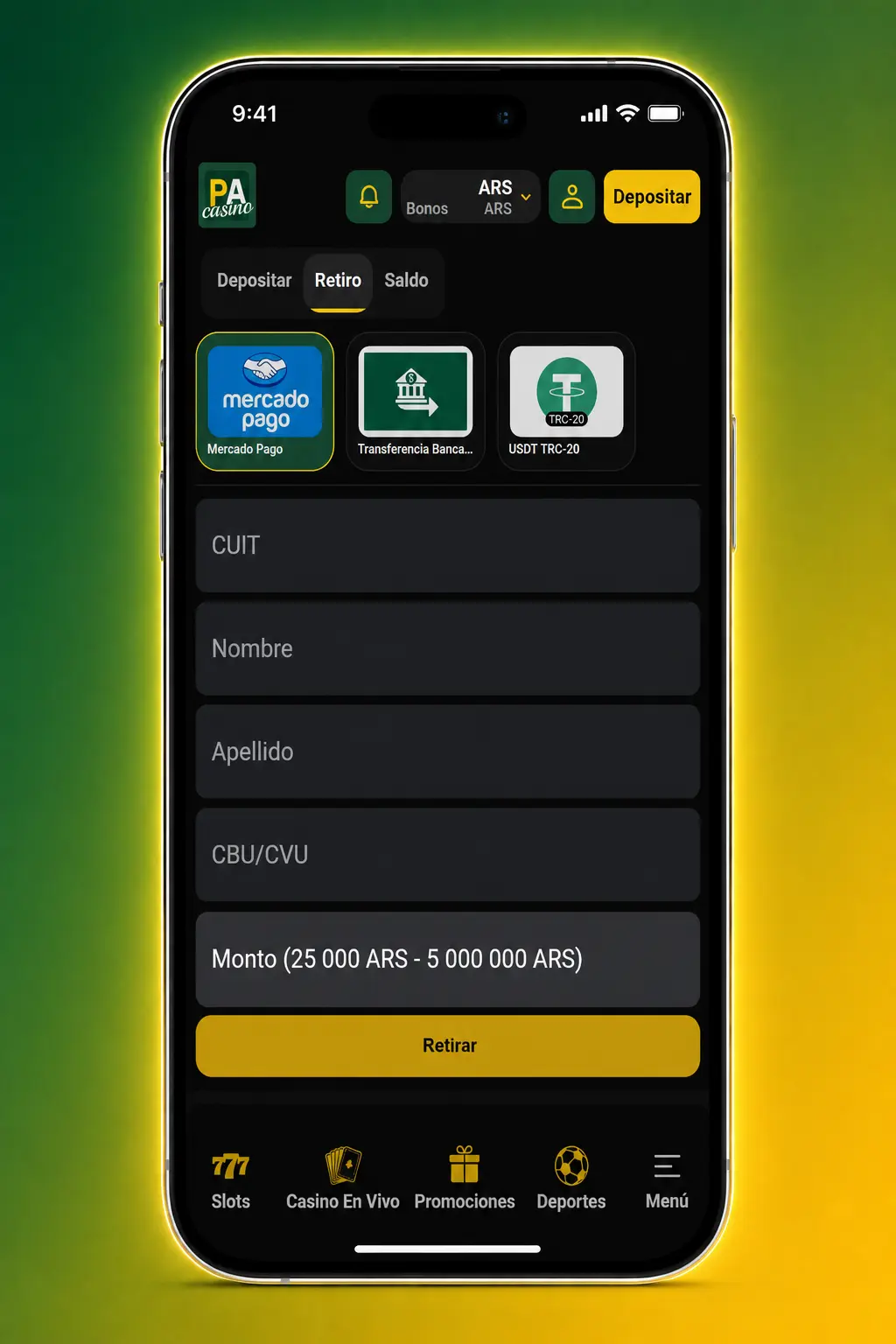 Pasos para retirar dinero en Pampas Bet Argentina mediante Mercado Pago, transferencia bancaria, NaranjaX o USDT TRC-20.