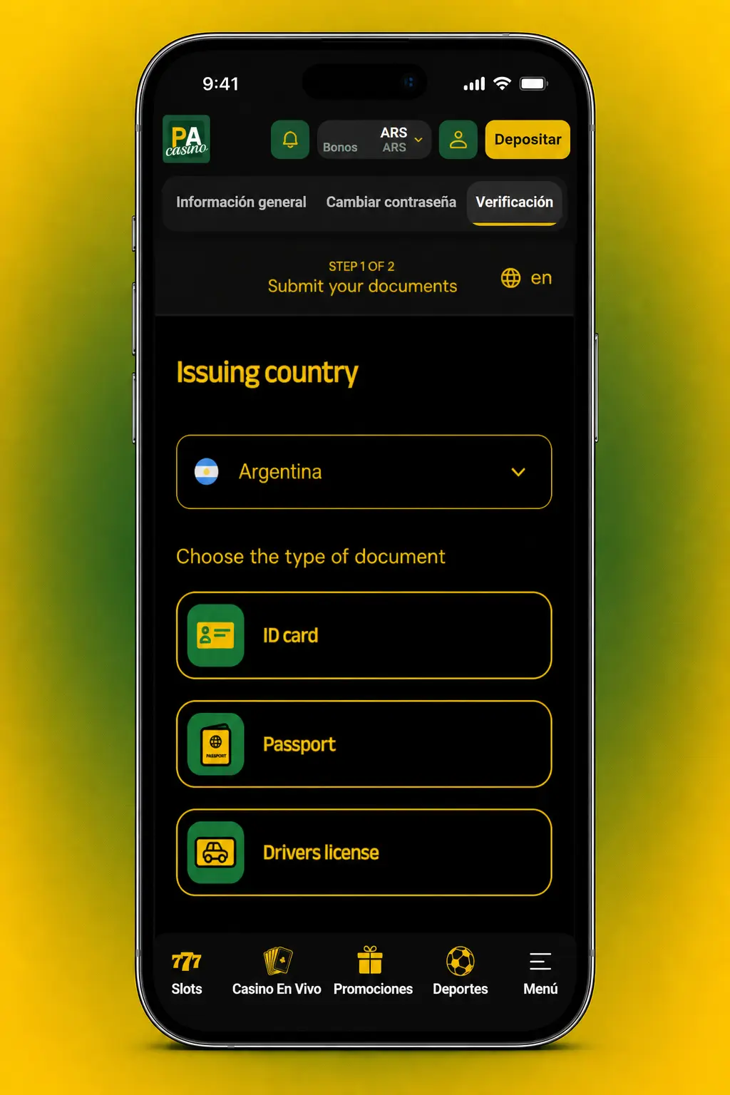 Pasos para verificar tu identidad en Pampas Bet: DNI, comprobante de domicilio y datos de depósito.