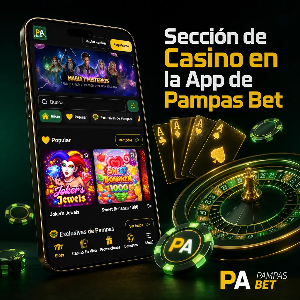 Sección de casino en la app de Pampas Bet con tragamonedas, ruleta, blackjack, casino en vivo y juegos crash como Aviator.
